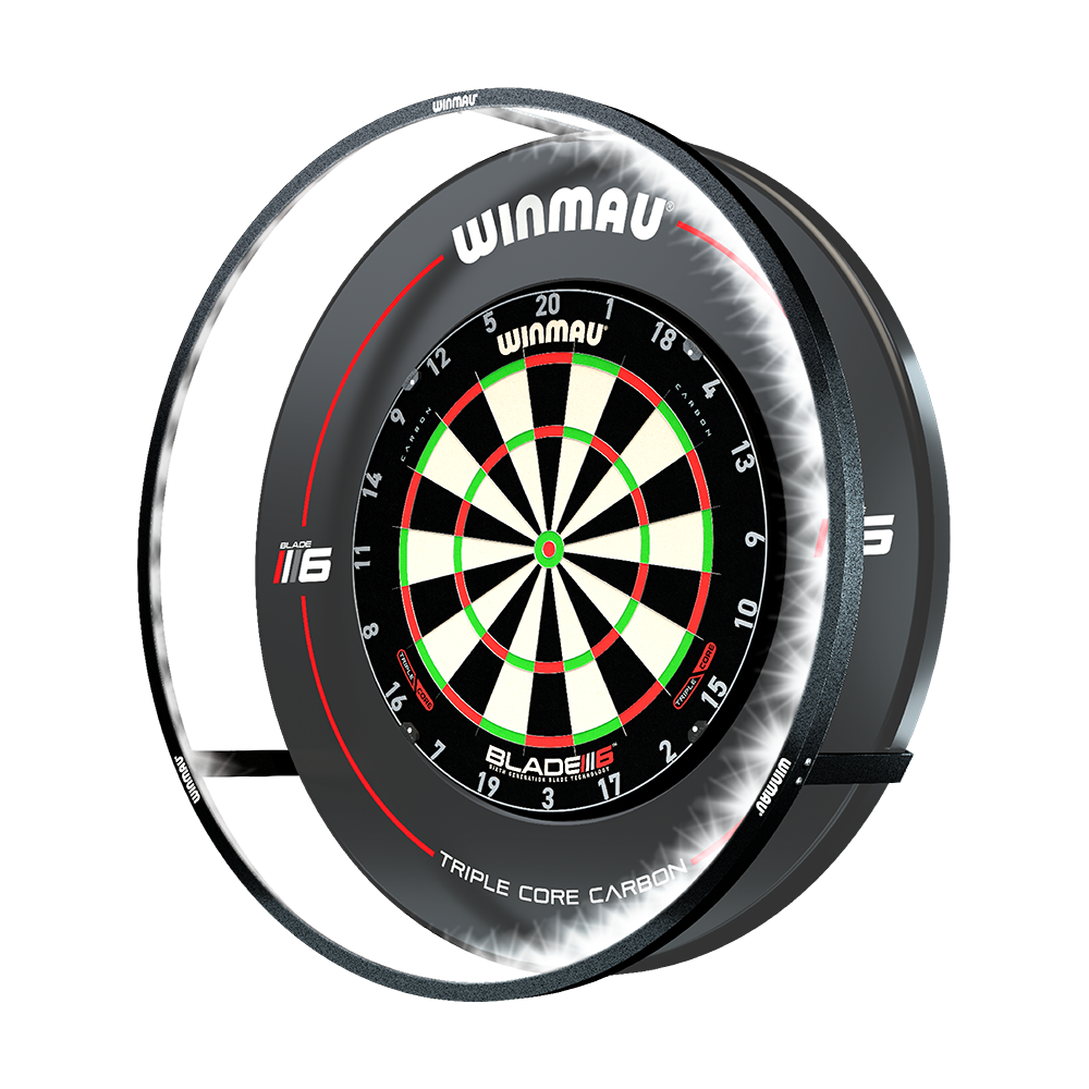 Das Bild zeigt eine beleuchtete Dartscheibe der Marke Winmau. Um die Scheibe herum befindet sich ein LED-Licht-Ring, der für optimale Sicht sorgt.